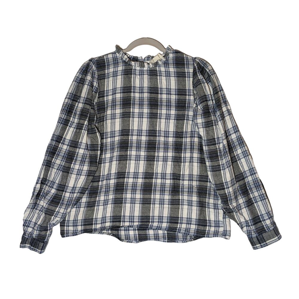 Universal Thread Plaid Flannel Shirt Medium Blue Gray Ruffle Neck Long‎ Sleeves